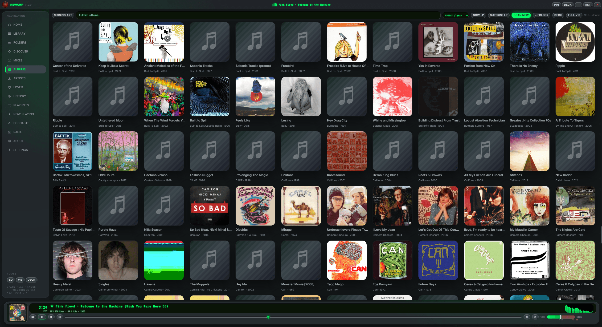 NewAmp's Albums view showing a dense grid of hundreds of album covers