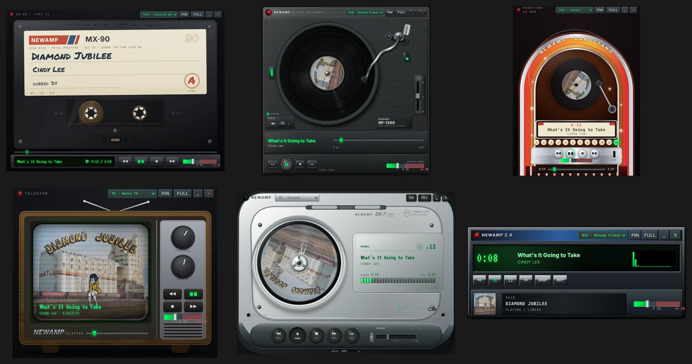 Six NewAmp deck skins playing Cindy Lee's Diamond Jubilee: a cassette deck with the album handwritten on the label, the RP-1200 turntable, the Bandstand jukebox, a retro CRT, a Discman, and the Winamp 2 main window