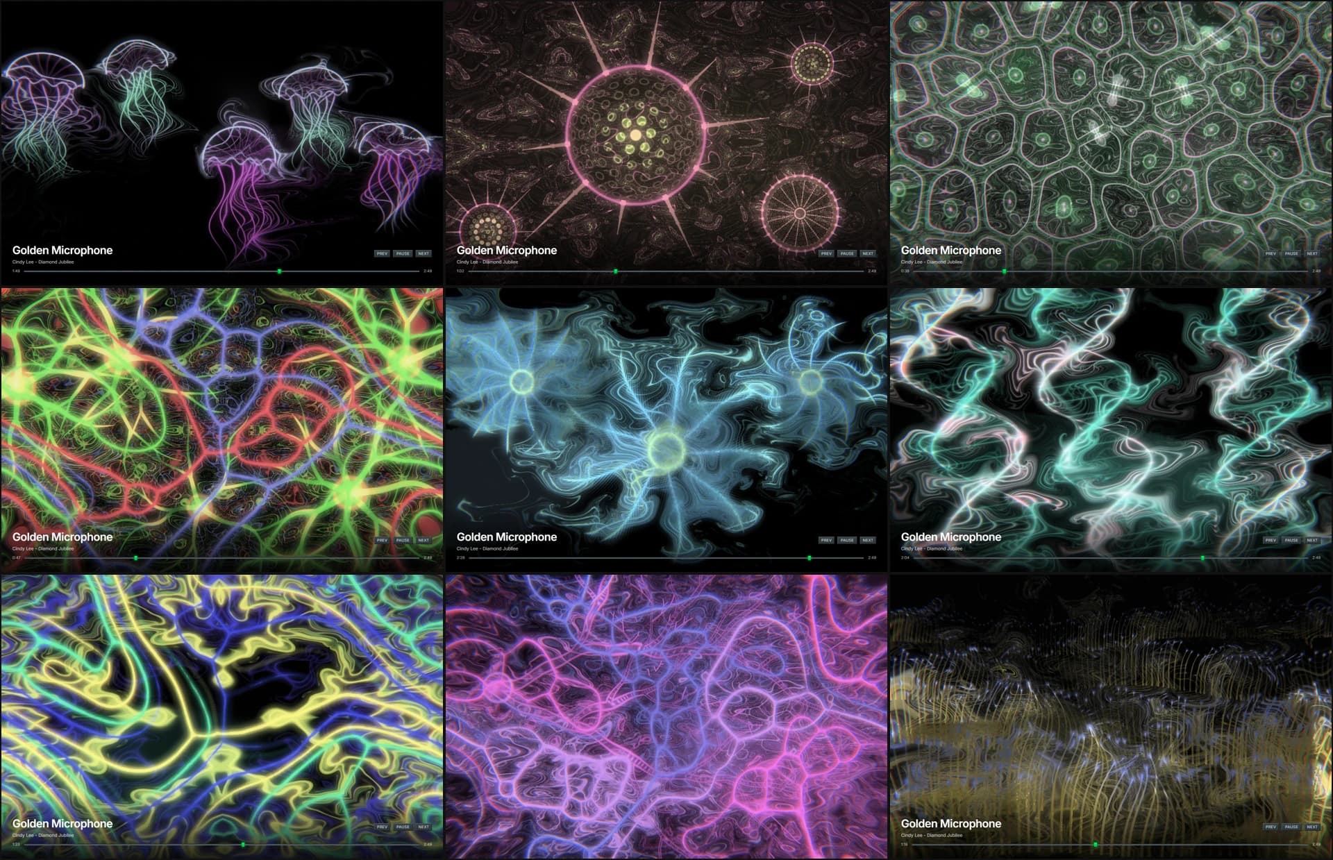 Nine of Eviland's new living looks, captured live while a track plays: jellyfish, radiolarian skeletons, dividing cells, firing neurons, a feather-star crown, twisting DNA strands, glowing veins, a slime-mould network, and a waving cilia reef