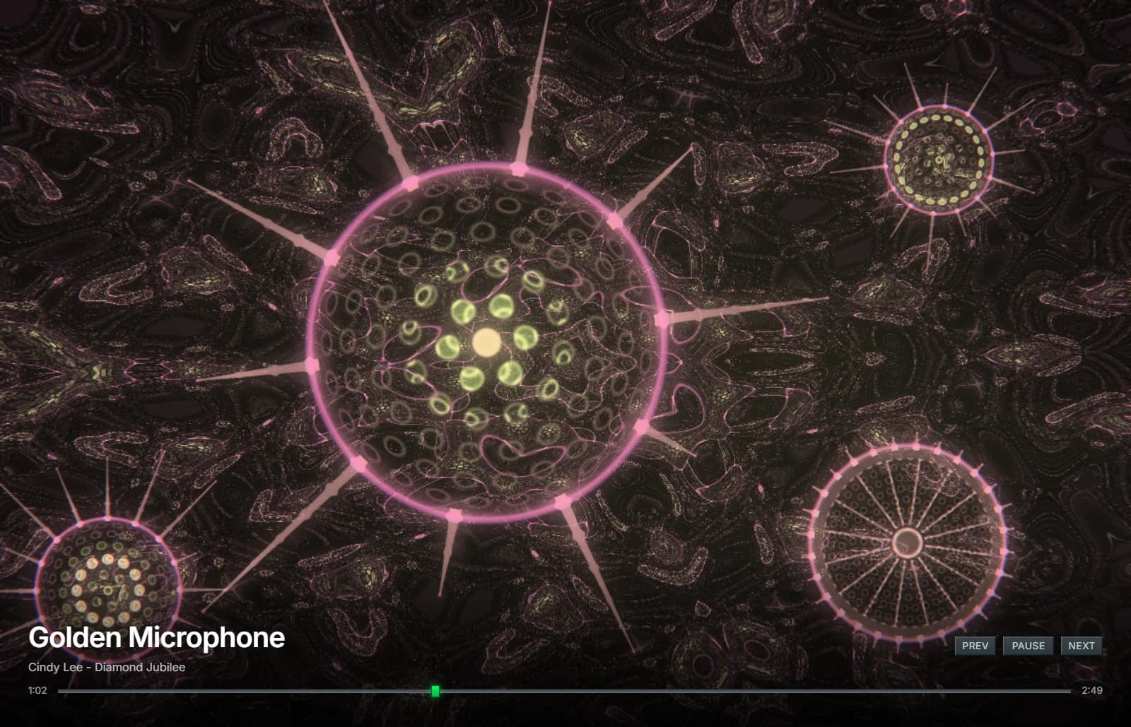 Eviland's Radiolarian look — glowing lattice spheres with radial spines over a dark field, reacting to the same track