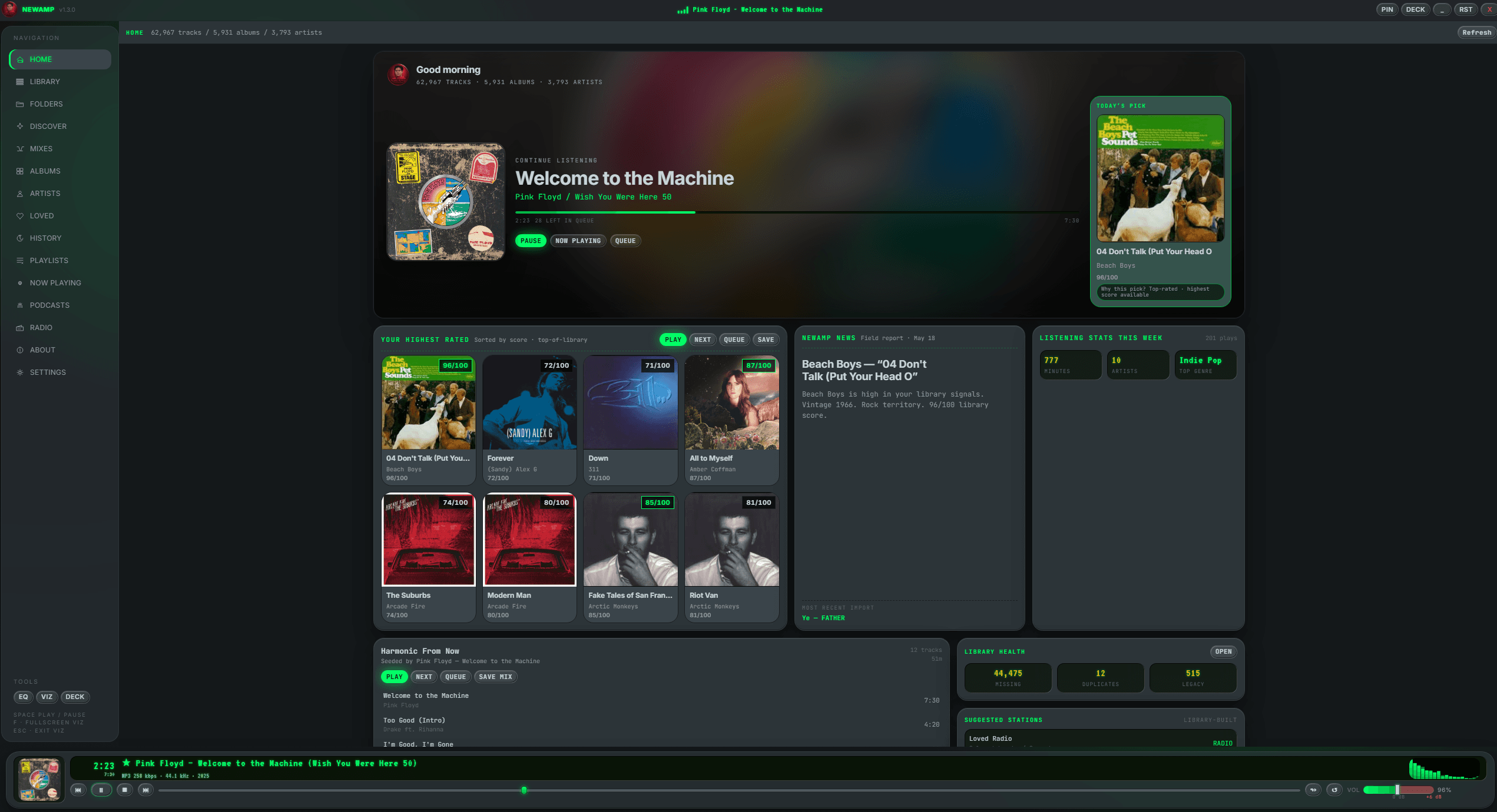 NewAmp's Home view showing a library of 62,967 tracks across 5,931 albums and 3,793 artists