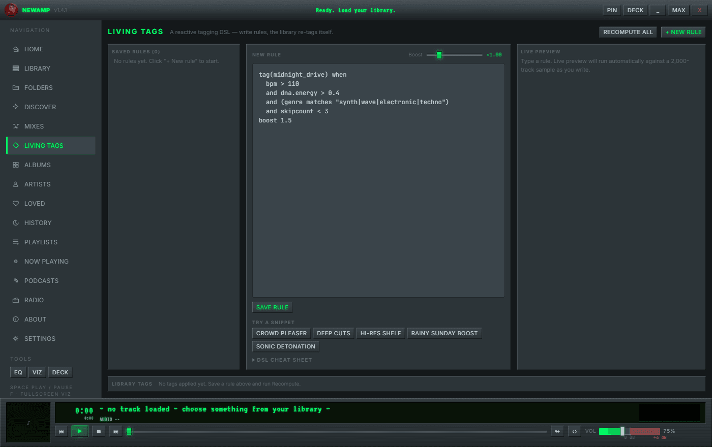 NewAmp's Living Tags workshop, showing a reactive tagging rule written against BPM, energy, and genre