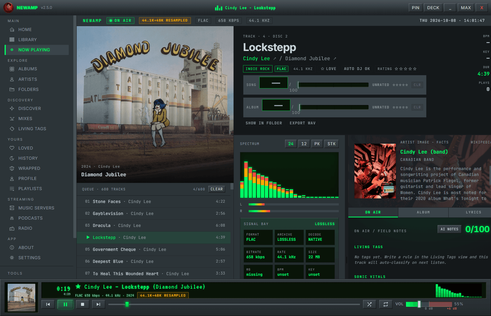 NewAmp 2.5's Now Playing view — ON AIR lamp, live spectrum, Signal Bay readout, and a 44.1K to 48K resample badge over Cindy Lee's Diamond Jubilee