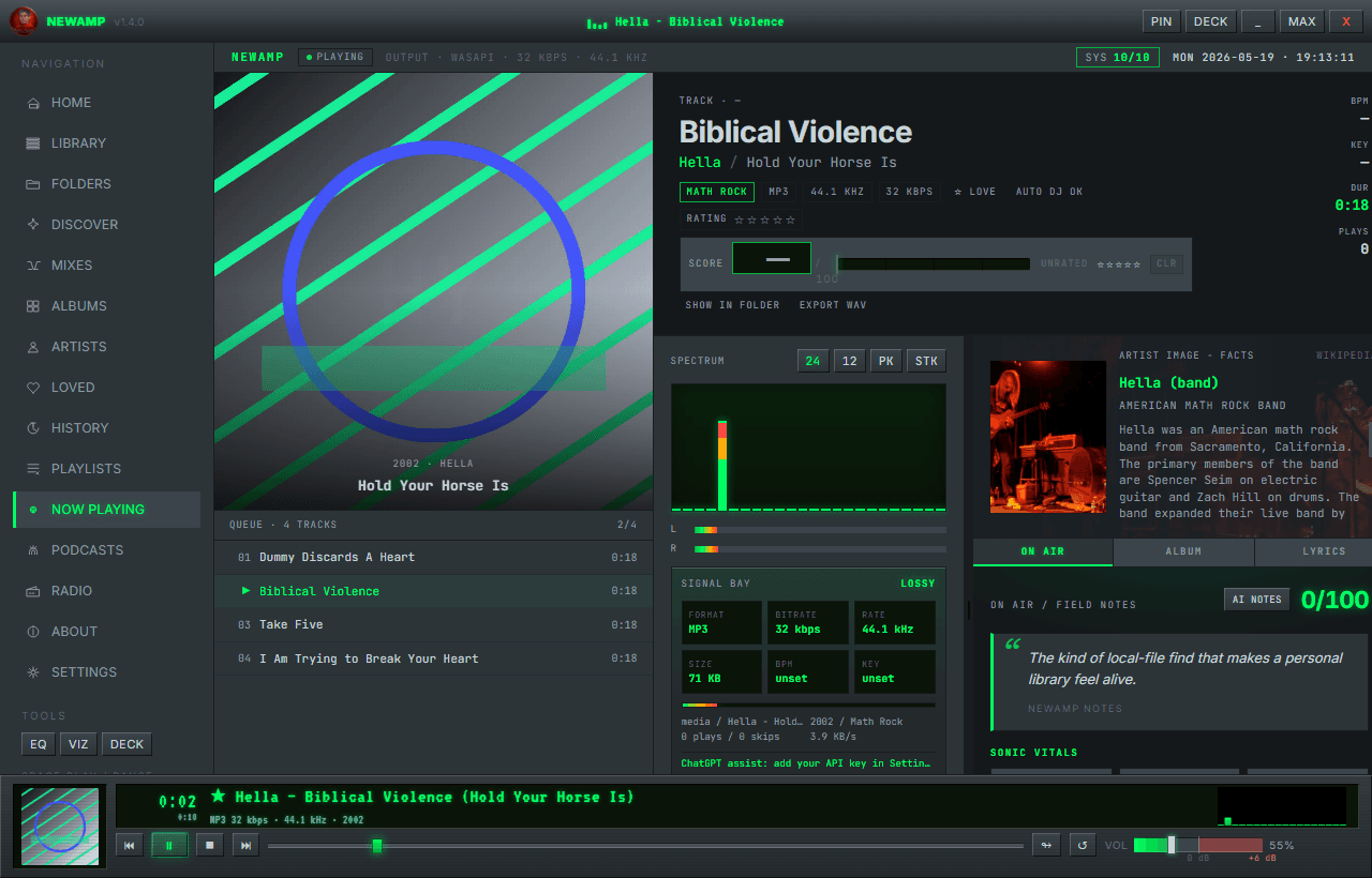 NewAmp's Now Playing view showing the spectrum analyzer, album art, queue, and honest signal-path readout