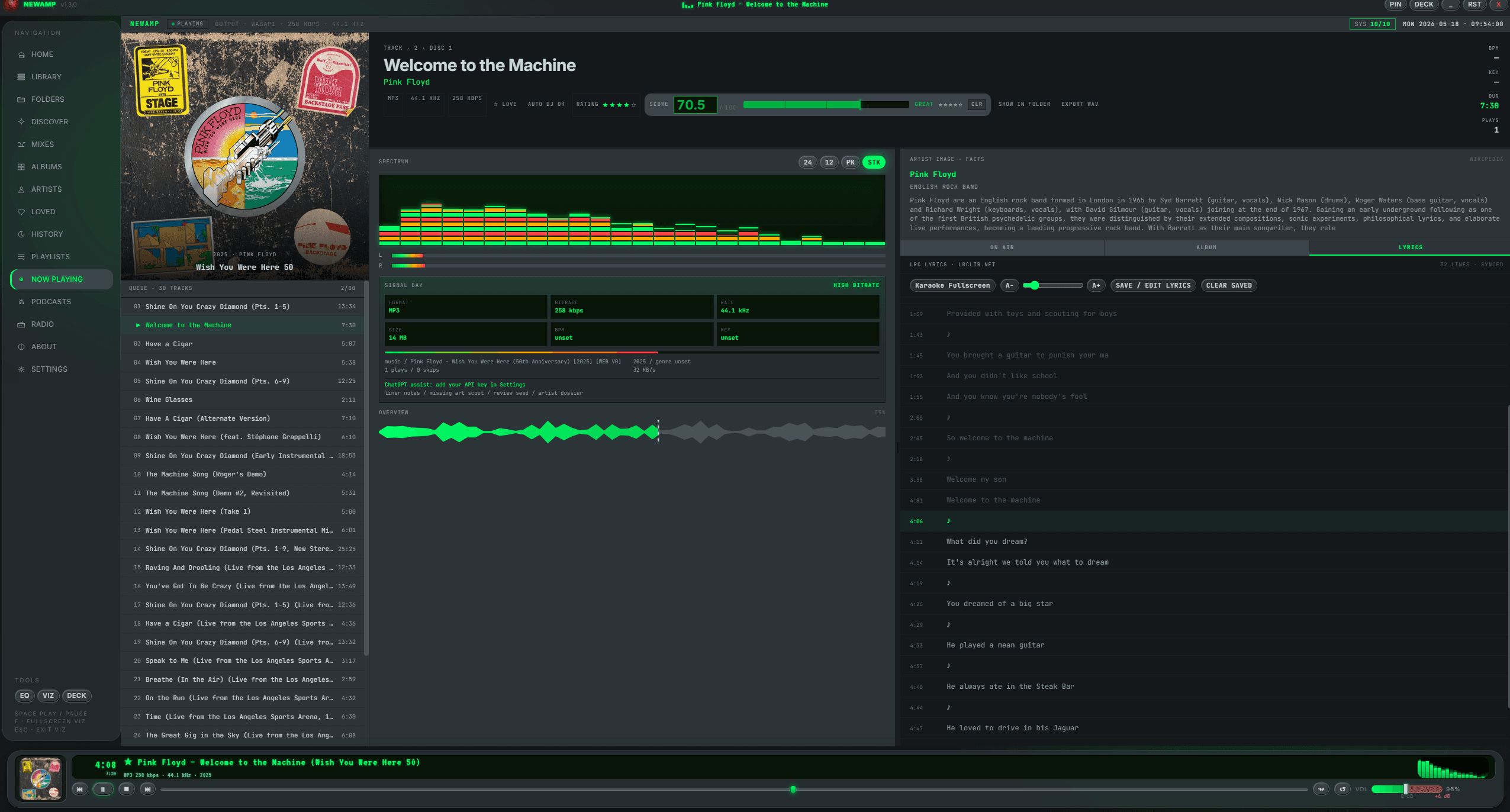 NewAmp's Now Playing view with synced lyrics displayed alongside the currently playing line highlighted