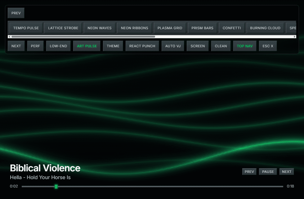 Eviland's Neon Waves scene — flowing green waveforms reacting to a Hella track