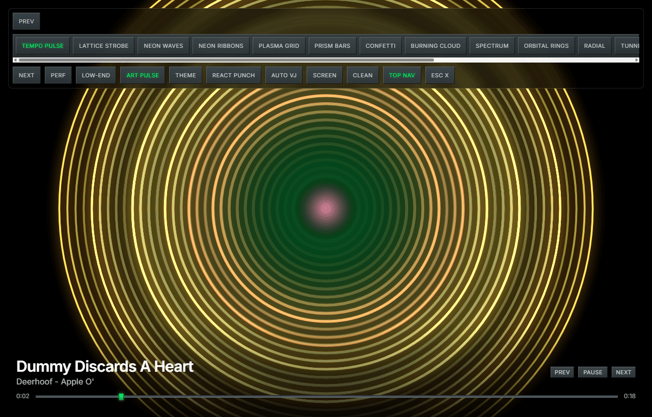 Eviland's Tempo Pulse scene — concentric glowing rings reacting to a Deerhoof track